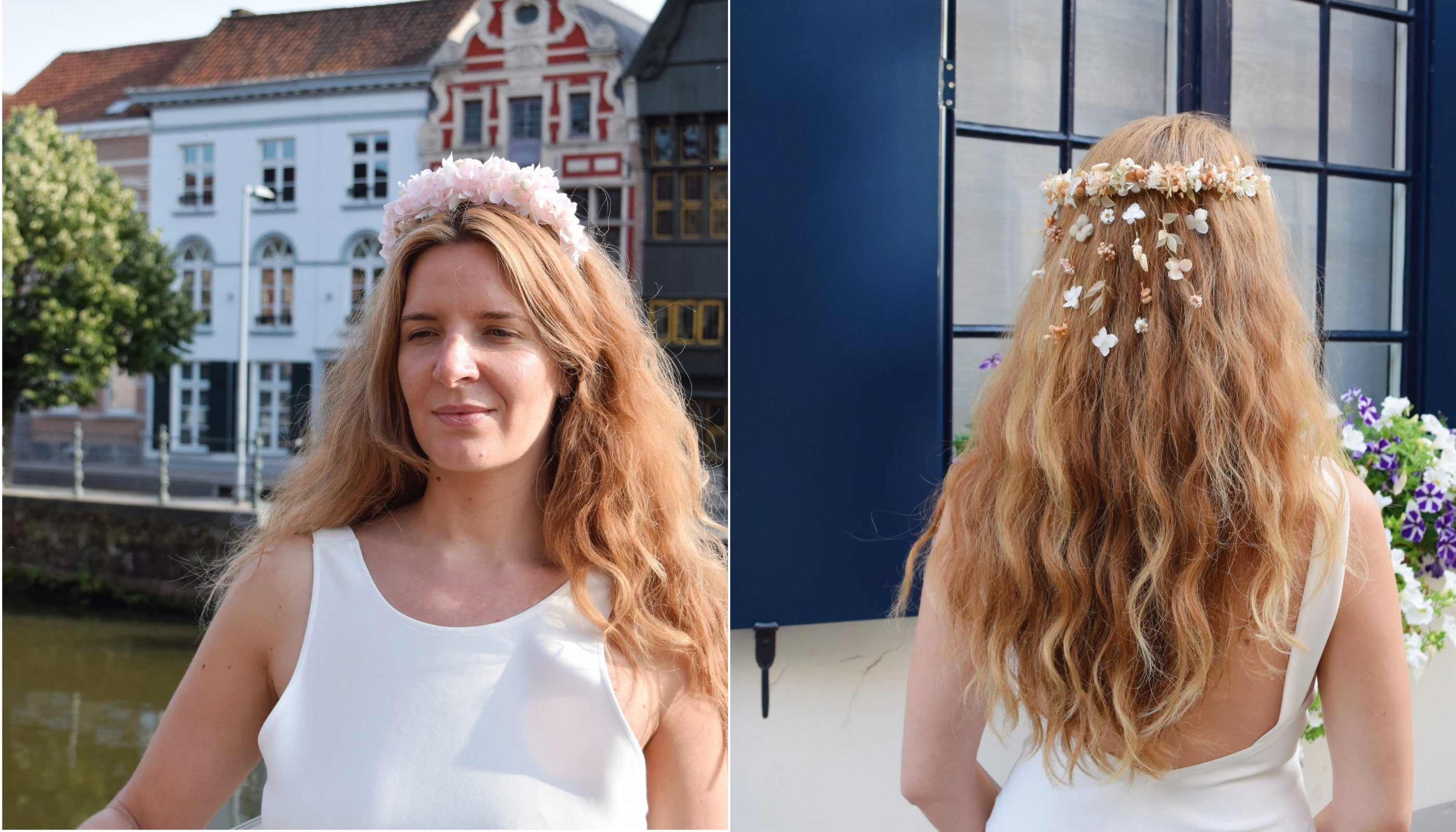 Bruid draagt handgemaakte bloemenaccessoire in het haar, waaronder een diadeem gemaakt van lila hortensia