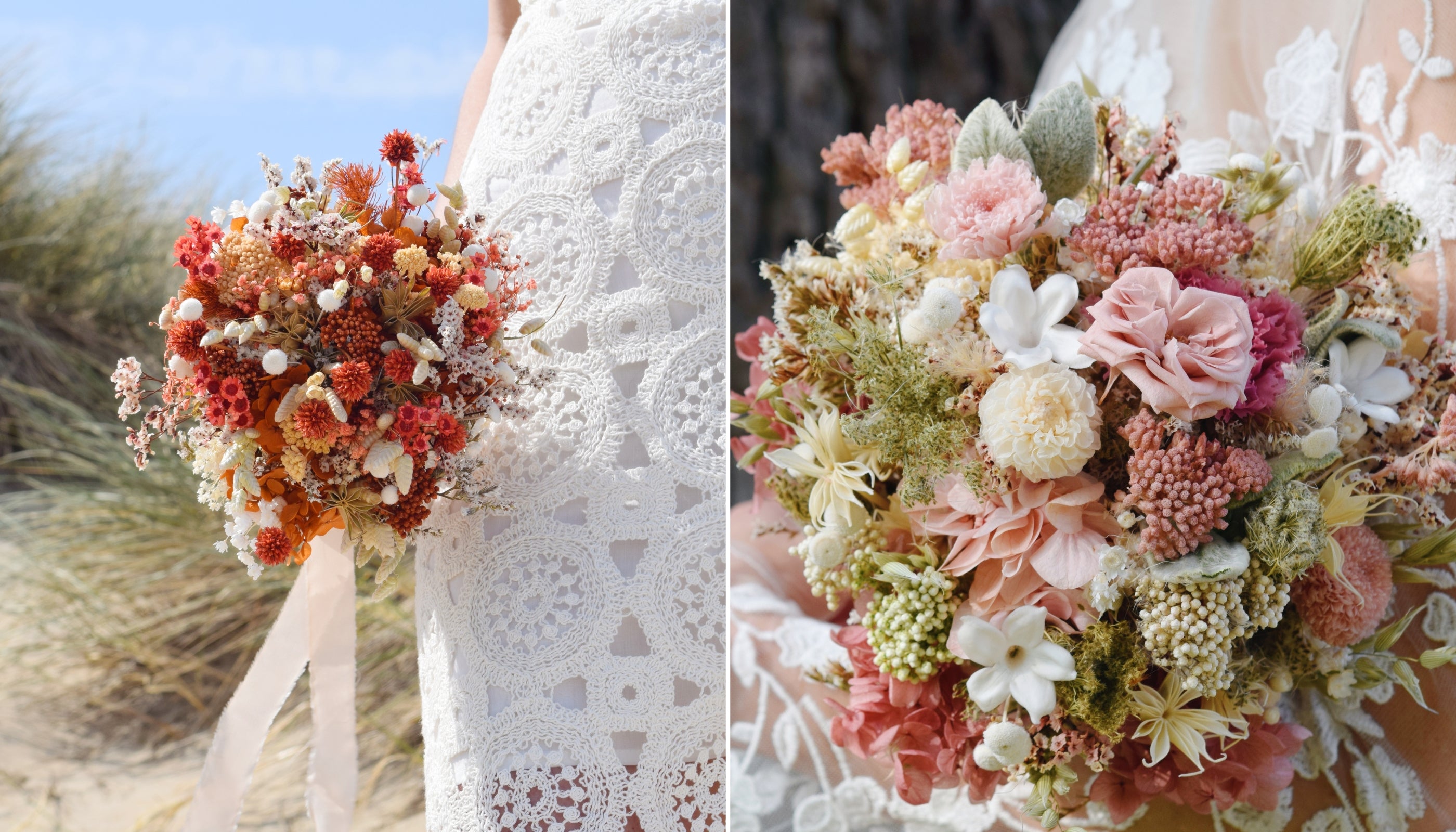 Moderne bruid die een rond kleurrijk bruidsboeket van droogbloemen vasthoudt en tussen duinen staat