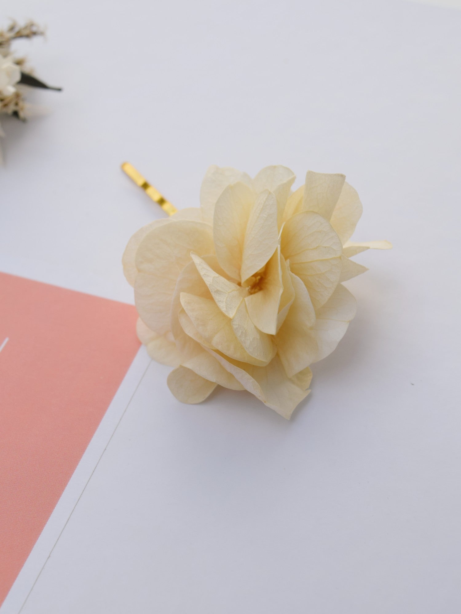Gouden haarschuiver gemaakt van gepreserveerde crèmekleurige hortensiablaadjes die de vorm van een bloem aannemen, bedoeld als haaraccessoire voor bruiden