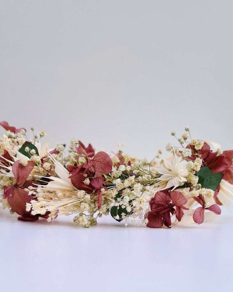 close-up from a flower crown made out of dried flowers